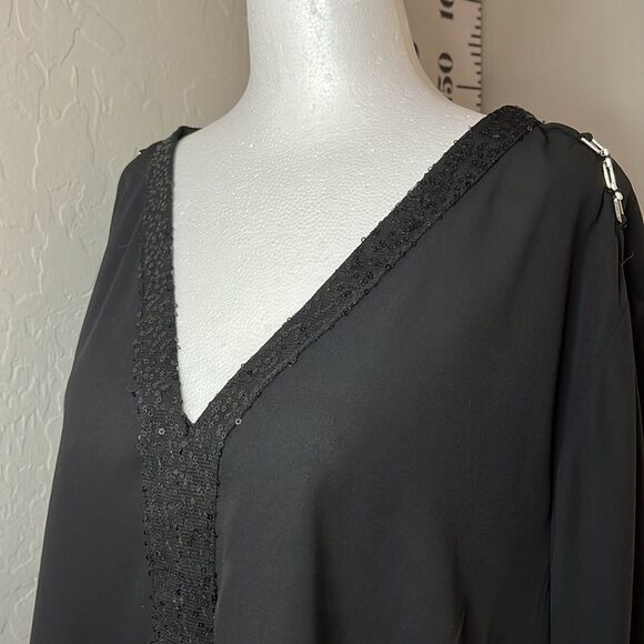 Ny Collection sheer black blouse embellished with sequins down center and V-neck - Picture 3 of 10